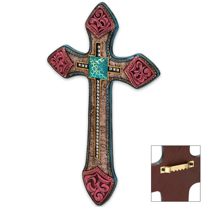 Cross Wall Plaque with Floral Relief Patterns, Turquoise-Colored Stone Accent