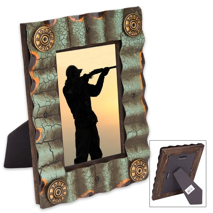 Rustic Corrugated Picture Frame with Bullet Accents - Fits Standard 4" x 6" Photos