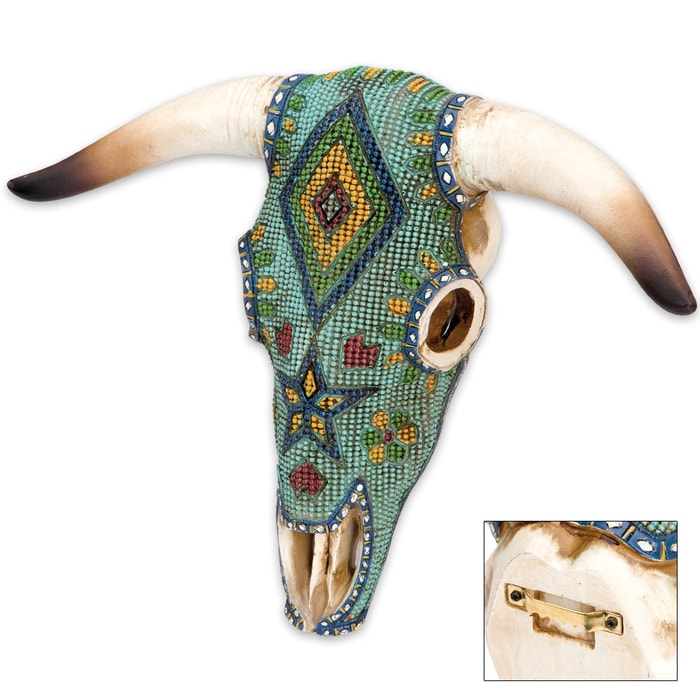 Fabric Covered Native American Art Bull Skull Plaque