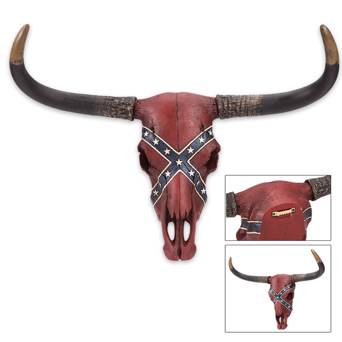 Rebel Flag Longhorn Bull Skull Resin Sculpture