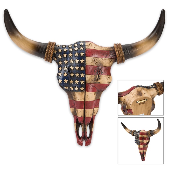 American Flag Bull Skull Resin Sculpture