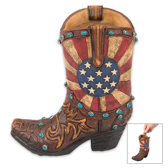 American Flag Boot Bank - Cowboy Boot-Shaped Change Holder - Weathered Stars and Stripes Motif