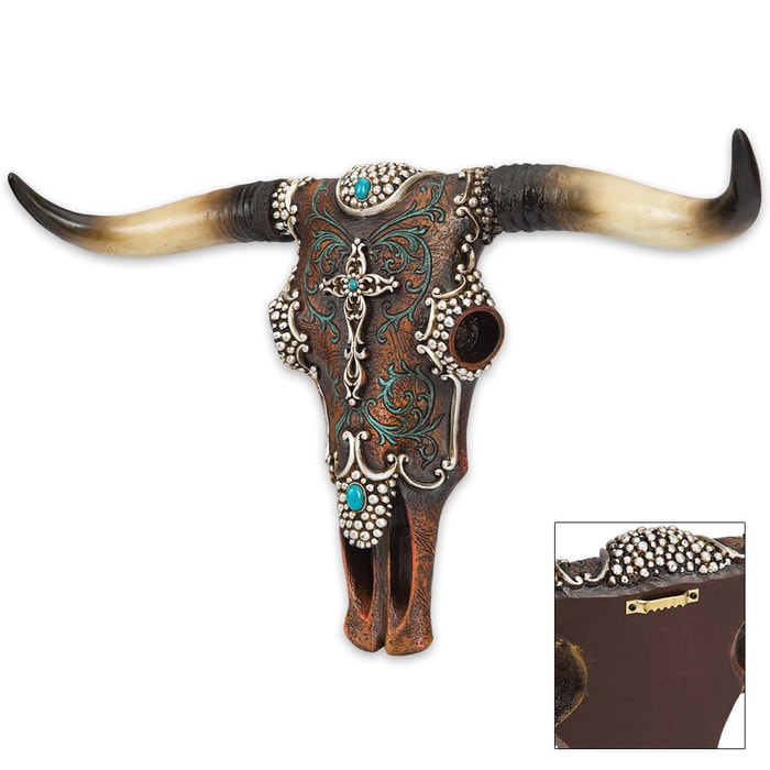 Leather Wrapped Longhorn Bull Skull with Ornamental Accents - Resin Sculpture / Plaque