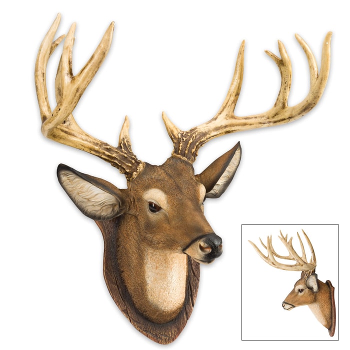 12-Point Buck / Deer Head Reproduction Wall Sculpture on Faux Wood Plaque
