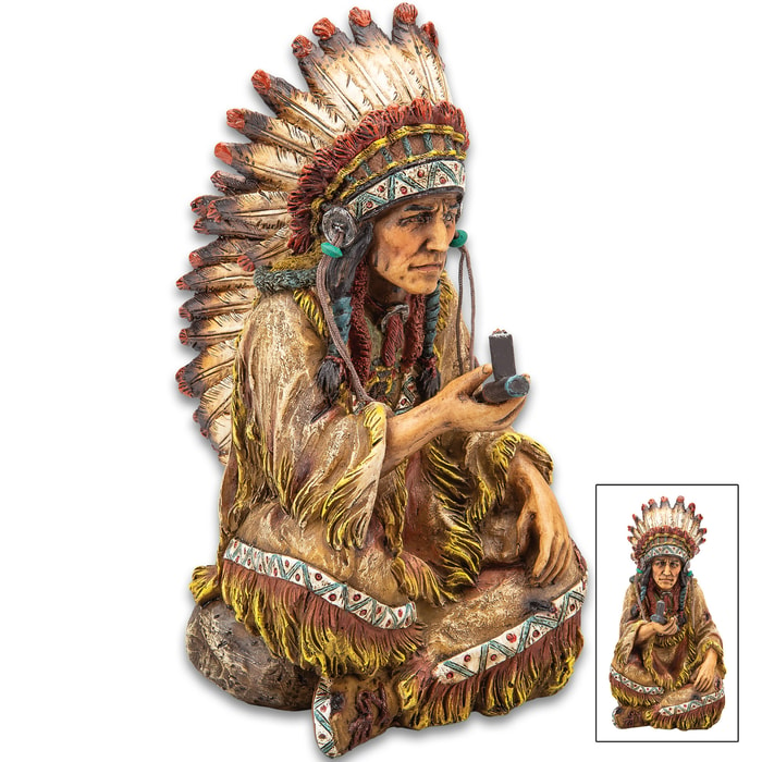 Native American Chief With Peace Pipe Sculpture - Crafted Of Polyresin, Hand-Painted, Exceptional Detail - Dimensions 7 3/4”x 3 3/4”x 5 1/4”