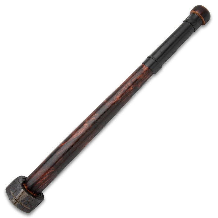 This apocalyptic war club features a hardwood handle wrapped in metal with a hefty metal club head on the end.