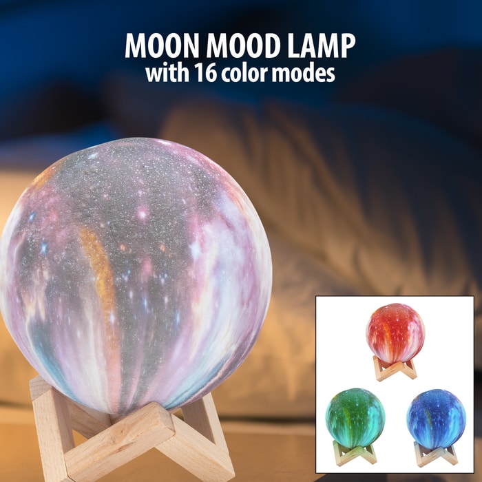 The Moon Galaxy Lamp displayed on its stand with images of the different colors it offers