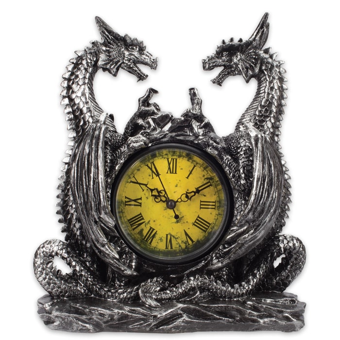 Dragonstar Clock - Vintage-Style Clock Set in Twin Dragons Resin Sculpture