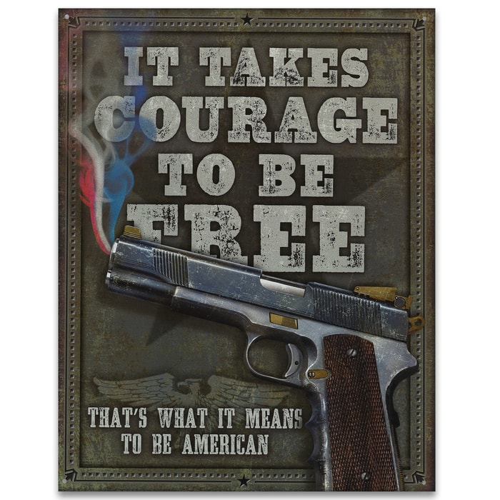 Patriotic Tin / Metal Sign - Red, White and Blue Pistol Smoke - It Takes Courage to be Free, What it Means to be American - Home / Office Decor - Gift Gun Handgun Second Amendment  - 12 1/2" x 16"