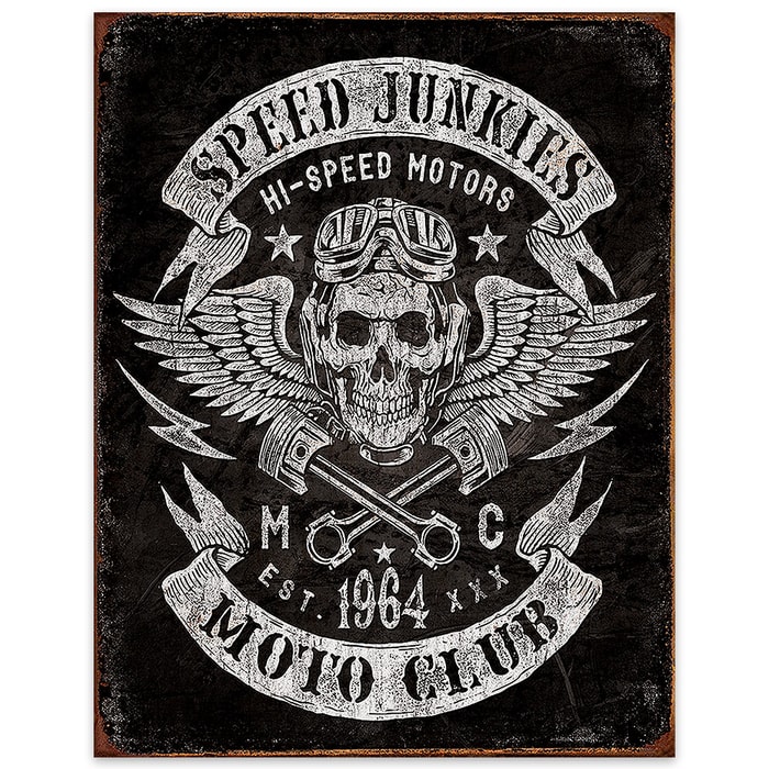 Speed Junkies Moto Club with Winged Skull Vintage-Style Tin Sign