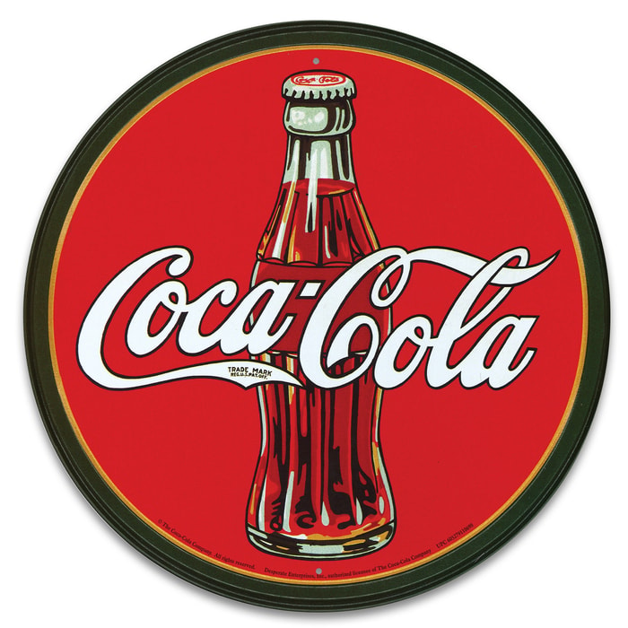 Vintage Style Tin Sign - 1930s Coca Cola / Coke Glass Bottle Logo - Red - Antique Replica, Soda Shop, Lunch Counter, Fountain, Drug Store - Home / Office Decor - Indoor / Outdoor - 11 3/4" Diameter