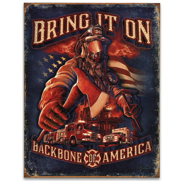 Vintage Style Tin Sign - Firefighter Tribute - Bring it On / Backbone of America - Axe Fireman Hook and Ladder Firetruck US Flag - Antiqued Weathered - Perfect Gift - Wall Decor - 12 1/2" x 16"
