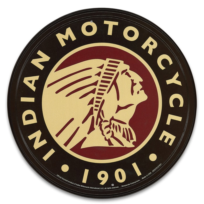 Vintage Style Tin Sign - 1901 Indian Motorcycle Logo - Antique Replica Placard - Man Cave, Garage, Biker Club, Shop, Home, Office Decor - Indoor / Outdoor - 11 3/4" Diameter