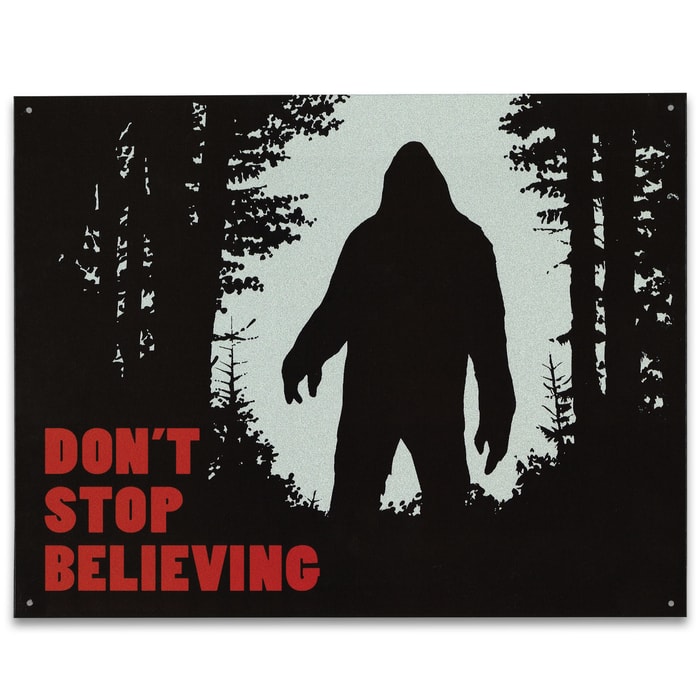 Vintage Style Tin Sign - Don't Stop Believing, Bigfoot Sasquatch Ape Man Cryptid Cryptozoology - Antiqued Weathered - Garage, Man Cave, Bar, Restaurant, Home, Office Decor - 16" x 12 1/2" 