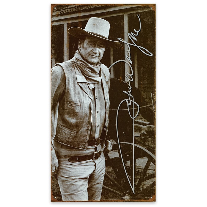 John Wayne Black-and-White Portrait with Signature - Weathered Tin Sign
