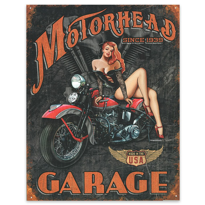 Motorhead Garage 12 1/2” x 16” Rustic Tin Sign