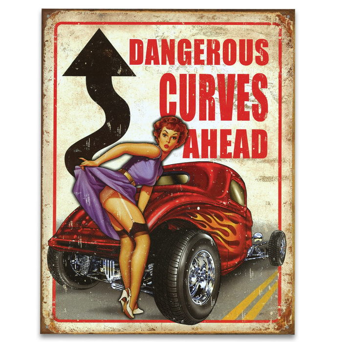 Vintage Style Tin Sign - Dangerous Curves Ahead; Red Hot Rod Flames; 1940s / 1950s Pin-up Girl Model; Road Warning Arrow - Antiqued Weathered; Car Racing Automobile Racecar Street Rod - 16" x 12 1/2"