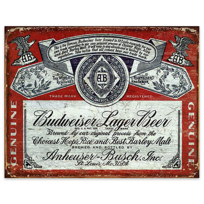 Vintage Budweiser Lager Beer Label - Weathered Tin Sign