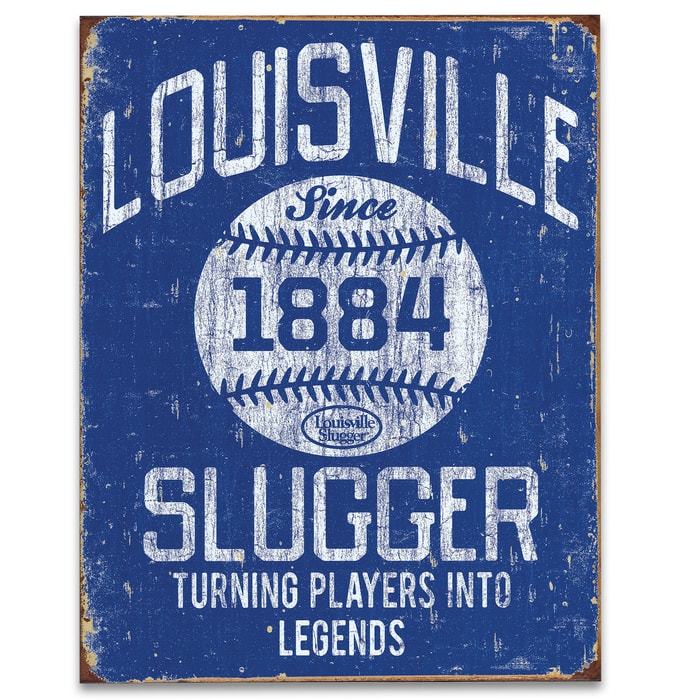 Vintage Style Tin Sign - Louisville Slugger: Turning Players into Legends, Since 1884; Baseball - Early 20th Century Logo / Ad Replica; Antiqued Weathered Blue - Great Gift; Home Decor- 12 1/2" x 16"