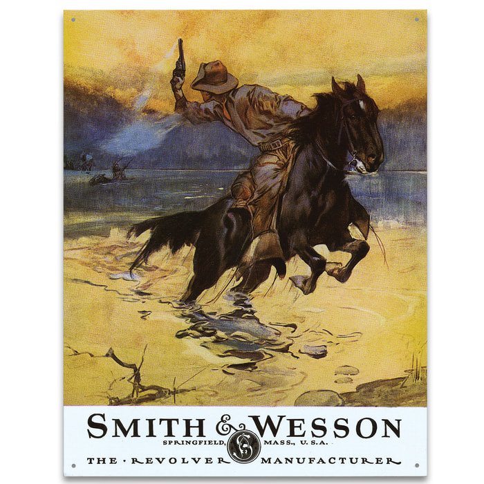 Vintage Style Tin Sign - Smith & Wesson Revolver Manufacturer, Hostiles - Early 20th Century Ad Replica; Antiqued Weathered; Cowboy Horse Pistol Handgun - Great Gift; Wall Decor - 16" x 12 1/2"