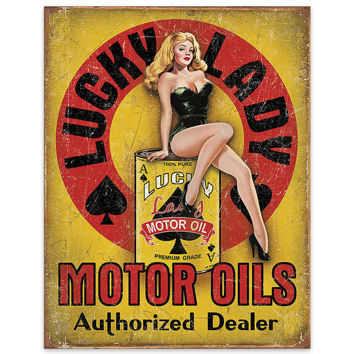 Lucky Lady Motor Oil Tin Sign