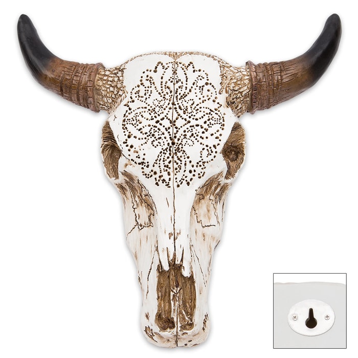 Tooled Bull Skull Sculpture - Wall Or Table Display