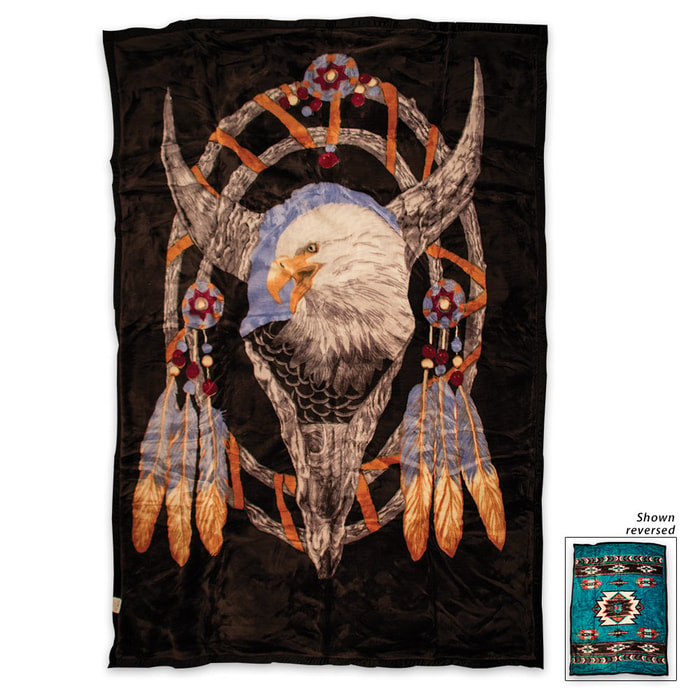 Two Sided Eagle/Aztec Dream Catcher Queen Size Faux Mink Blanket Turquoise
