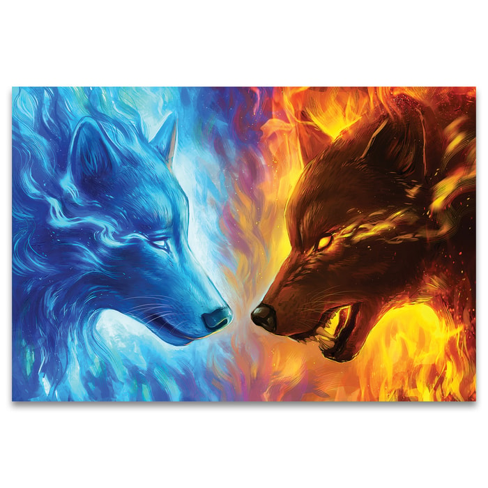 A detailed look at the wolf-themed artwork on the Fire and Ice Blanket
