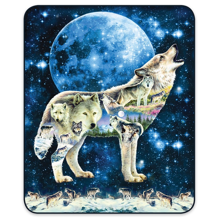Arctic Wolf And Moon Faux Fur Blanket - Queen