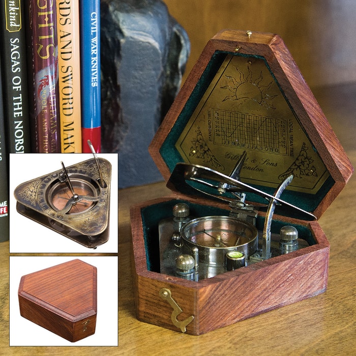Antique Brass Sundial Compass in Wooden Case - Circa 1750 Replica