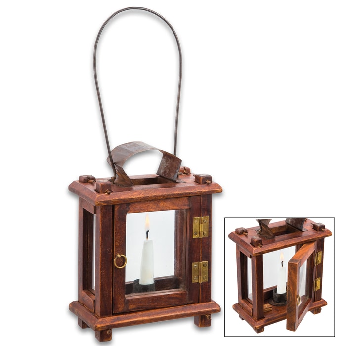 Colonial Wooden Lantern - Historical Reproduction, Glass Door, Metal Hanger, Metal Hinges, Tin Accent - Height 8 1/2”