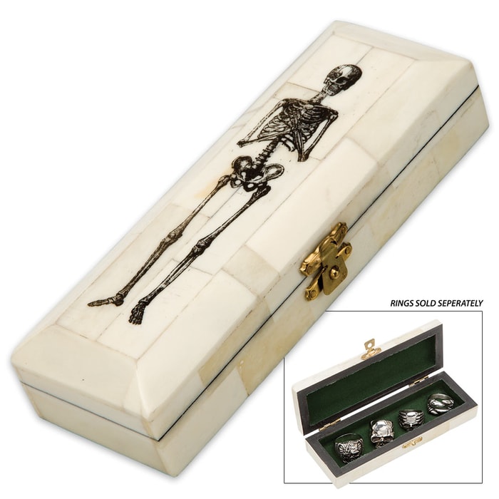 Genuine Polished Bone Mini Coffin with Skeleton Etching - Holds Jewelry, Small Items