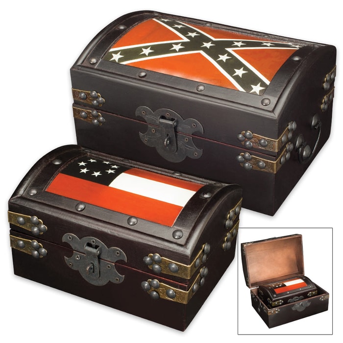 Confederate Battle and National Flags Wooden Trunk Set