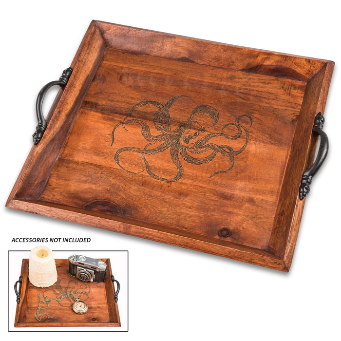 Octopus Wooden Tray - Antique Look, Black Metal Handles, Burned Design, Dimensions 10 3/4” X 11 3/4”