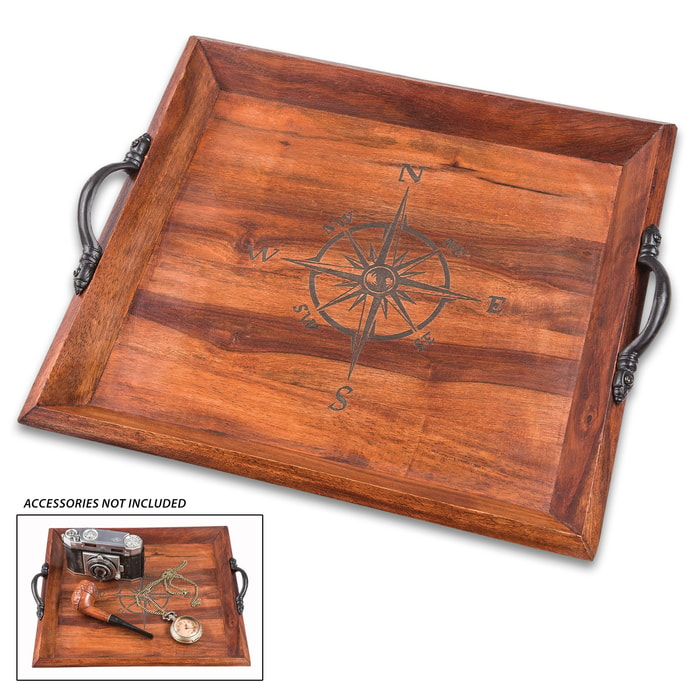 Compass Rose Wooden Tray - Antique Look, Black Metal Handles, Burned Design, Dimensions 10 3/4” X 11 3/4”