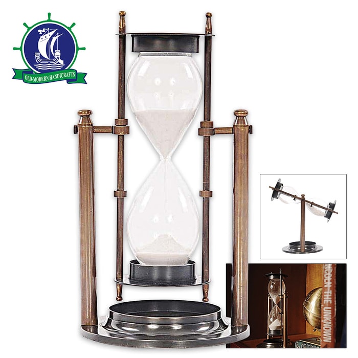 Antique-Style Revolving Brass Sand Timer / Hourglass - Two-Tone Antique Brass Finish