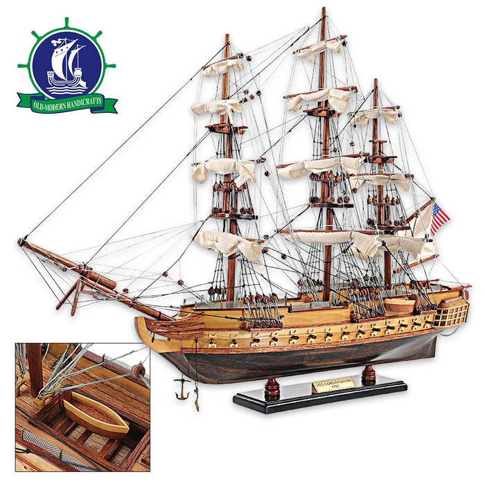 Handcrafted USS Constitution Model on Display Stand | Exotic Wood and Metal Construction