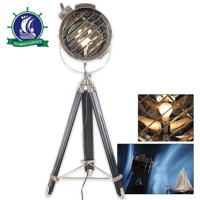 Stainless Steel Floor Lamp | Stylish Industrial Spotlight Look | Adjustable Wooden Tripod