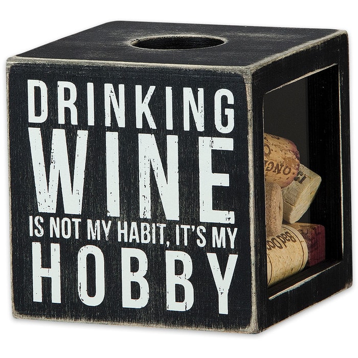 Wine Makes Me Happy 4 1/4" Cube Rustic Wooden Shadow Box / Cork Holder