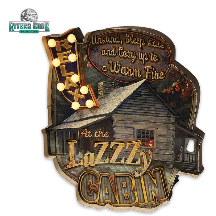 Illuminated Bar Sign - Relax at LaZZZy Cabin- Vibrant, Rustic Art - Cool LED Lighting