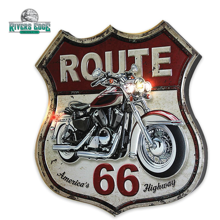 Illuminated Bar Sign - Vintage-Style Route 66 Sign with Motorcyle - LED Headlamps, Taillights