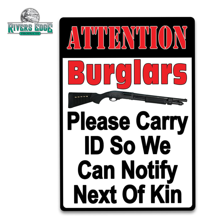 Attention Burglars Tin Sign - Embossed Features, Weather-Resistant Finish, Rolled Edges, Pre-Punched Mounting Holes