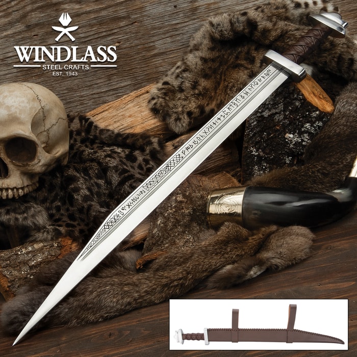 Runic Long Viking Seax Sword And Scabbard - Etched Blade, Leather-Wrapped Handle - Length 29 1/4” 