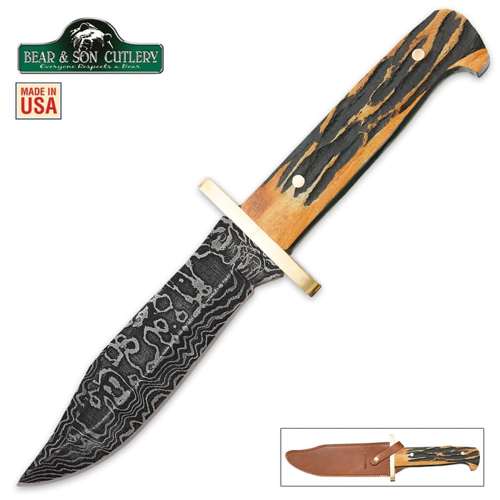 Genuine India Stag Bone Baby Damascus Bowie Knife