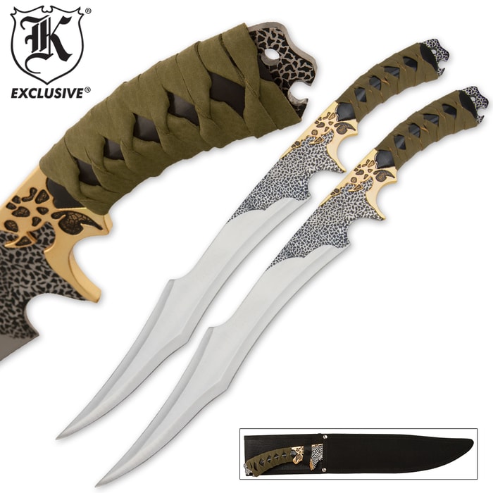 Jungle Suede Flyers Twin Sword Set With Scabbard - Crackled Black Finish, Suede-Wrapped Handles, Gold-Plated Accents - 19" Length