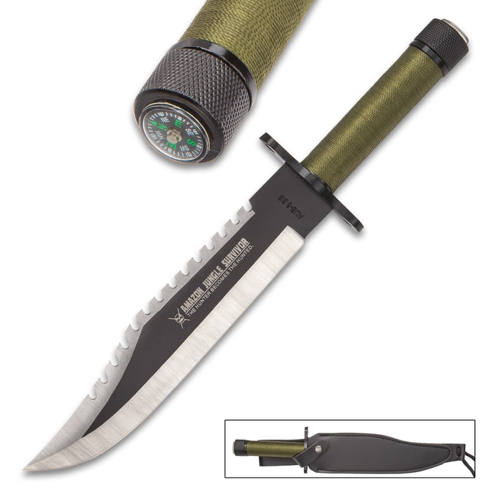 Amazon Jungle Survival Knife has a sawback blade, cord wrapped handle with built-in compass, and leather sheath.