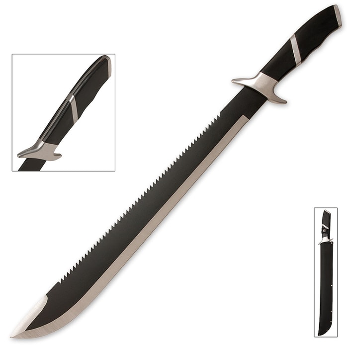 War Hunter Sawback Machete has a sawback stainless steel blade with black blade finish, pakkawood handle and black sheath.