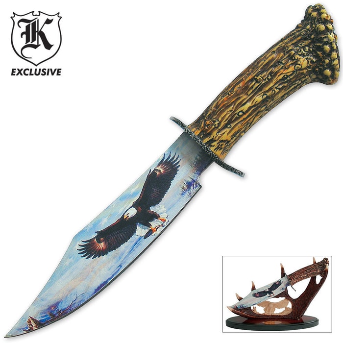 Faux Antler Eagle Bowie Knife with Stand