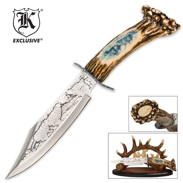 Wolf Fixed Blade Bowie Knife With Antler Sheath