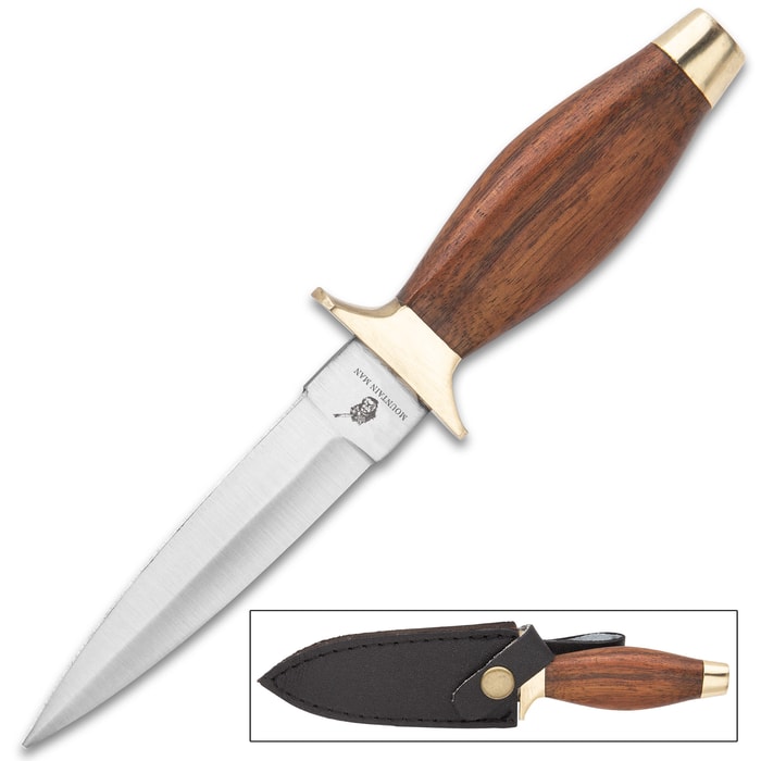 The Mountain Man Boot Knife With Sheath - AUS-6 Stainless Steel Blade, Wooden Handle, Brass-Plated Guard - Length 7 3/8”